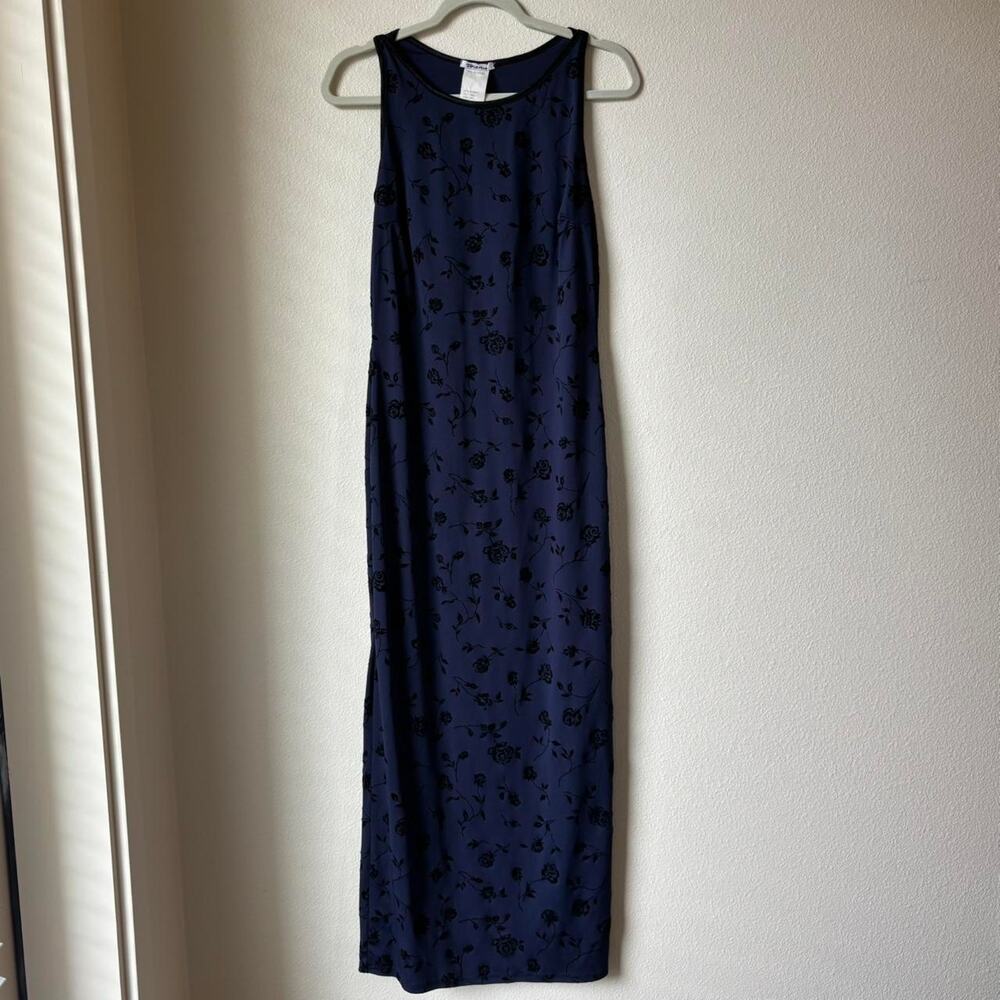 Unique Vintage 90s Y2K velvet navy black floral maxi dress size large side slit